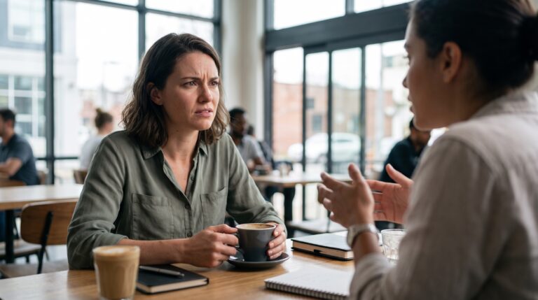 Mulher em café segurando xícara com expressão de sobrecarga e tensão durante conversa, ilustrando a irritabilidade constante e a sensibilidade a estímulos no blog do Dr. Hélio Borges.