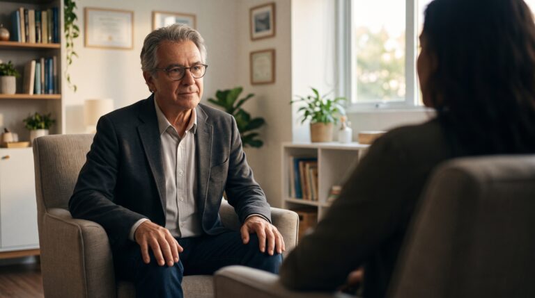 O psiquiatra Dr. Hélio Borges, em uma atitude de escuta atenta e empática, conversa com um paciente de forma acolhedora durante a primeira consulta com o psiquiatra em seu consultório humanizado.