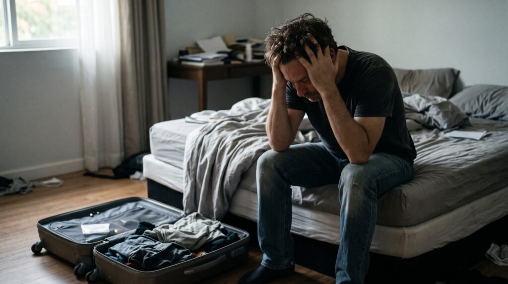 Homem sentado na beira da cama com a cabeça entre as mãos ao lado de uma mala aberta no chão, ilustrando a depressão reativa e o esgotamento por sobrecarga emocional.
