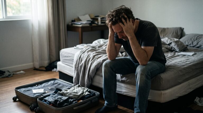Homem sentado na beira da cama com a cabeça entre as mãos ao lado de uma mala aberta no chão, ilustrando a depressão reativa e o esgotamento por sobrecarga emocional.