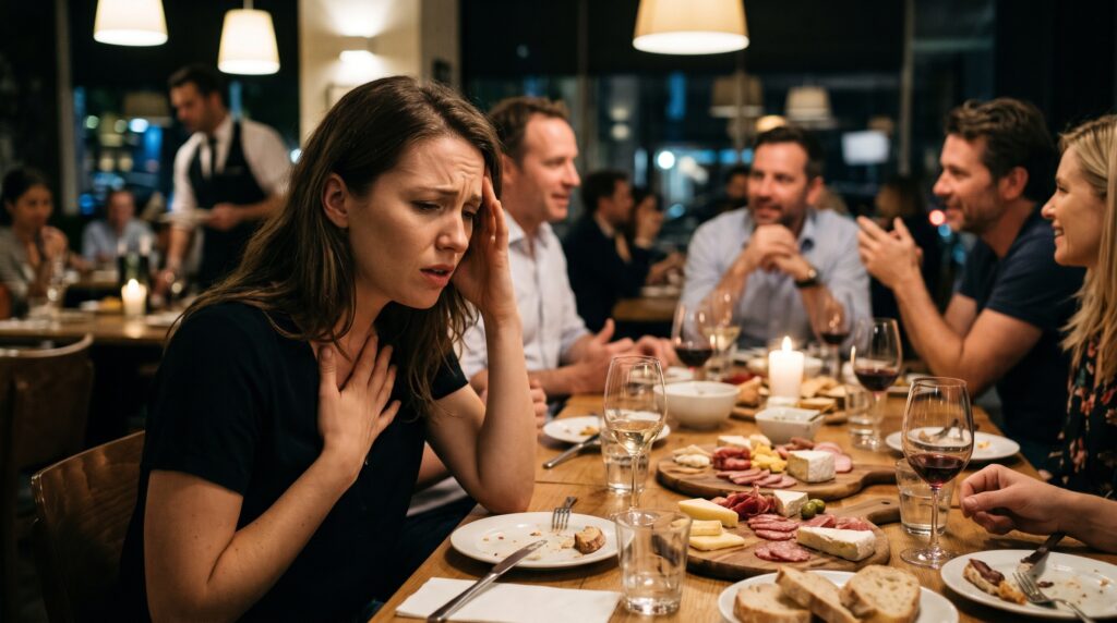 Mulher com expressão de ansiedade e desconforto à mesa de restaurante durante jantar em grupo, ilustrando o impacto da histamina no bem-estar físico e emocional.