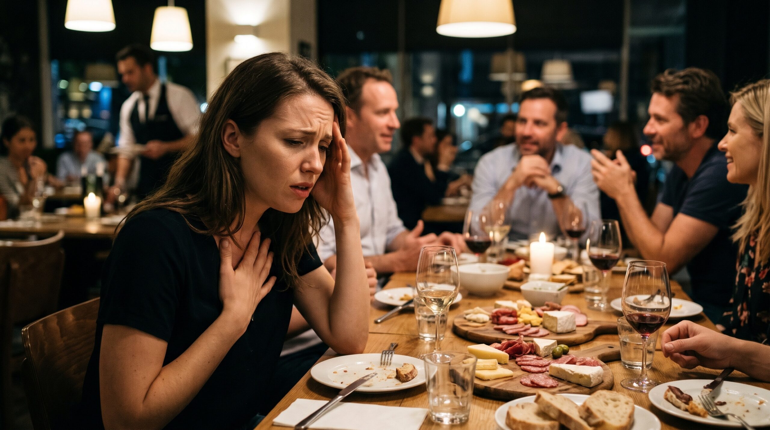 Mulher com expressão de ansiedade e desconforto à mesa de restaurante durante jantar em grupo, ilustrando o impacto da histamina no bem-estar físico e emocional.