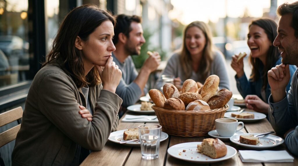 Mulher em mesa ao ar livre observando reflexiva um cesto de pães consumidos por amigos, ilustrando o isolamento social e os desafios na doença celíaca e saúde mental.
