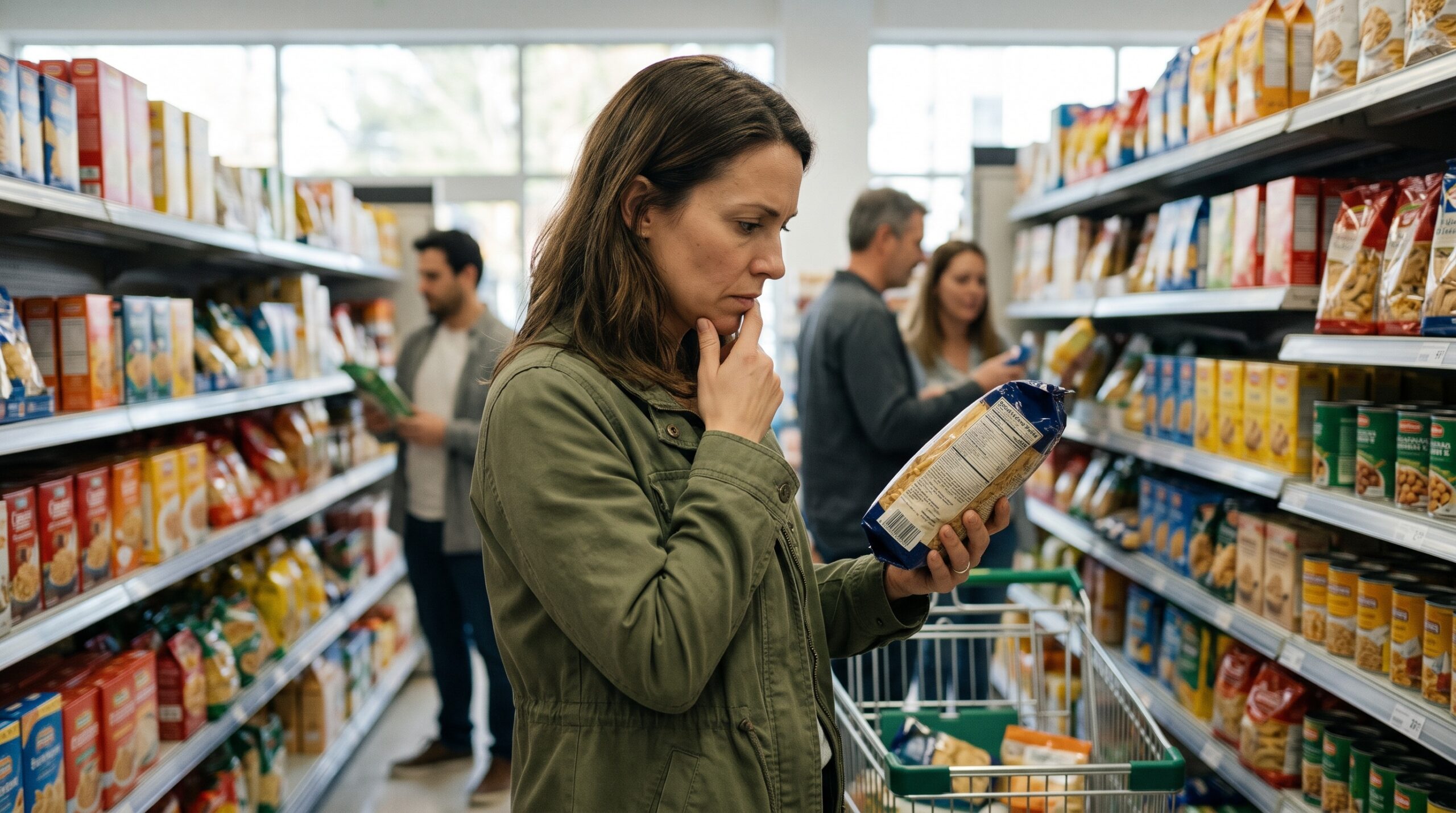 Mulher em corredor de supermercado a examinar com atenção e tensão o rótulo de um alimento, ilustrando a hipervigilância e o impacto emocional da doença celíaca.