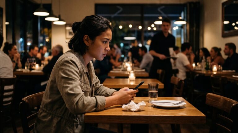 Jovem sentada à mesa de restaurante olhando com apreensão para o celular, ilustrando a hipervigilância e a angústia do apego ansioso.