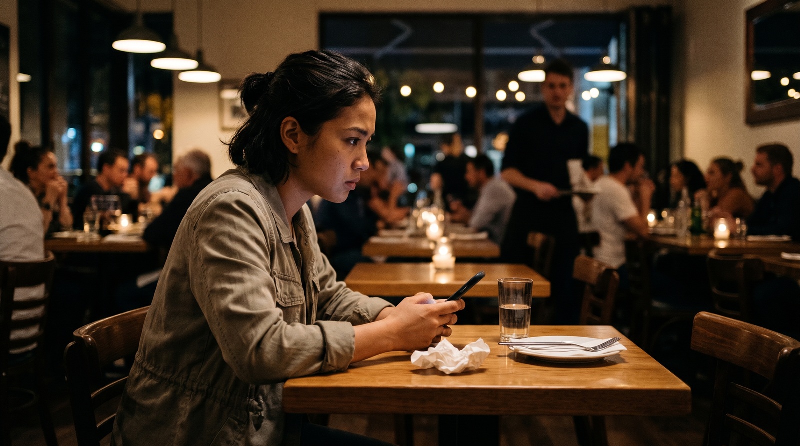 Jovem sentada à mesa de restaurante olhando com apreensão para o celular, ilustrando a hipervigilância e a angústia do apego ansioso.